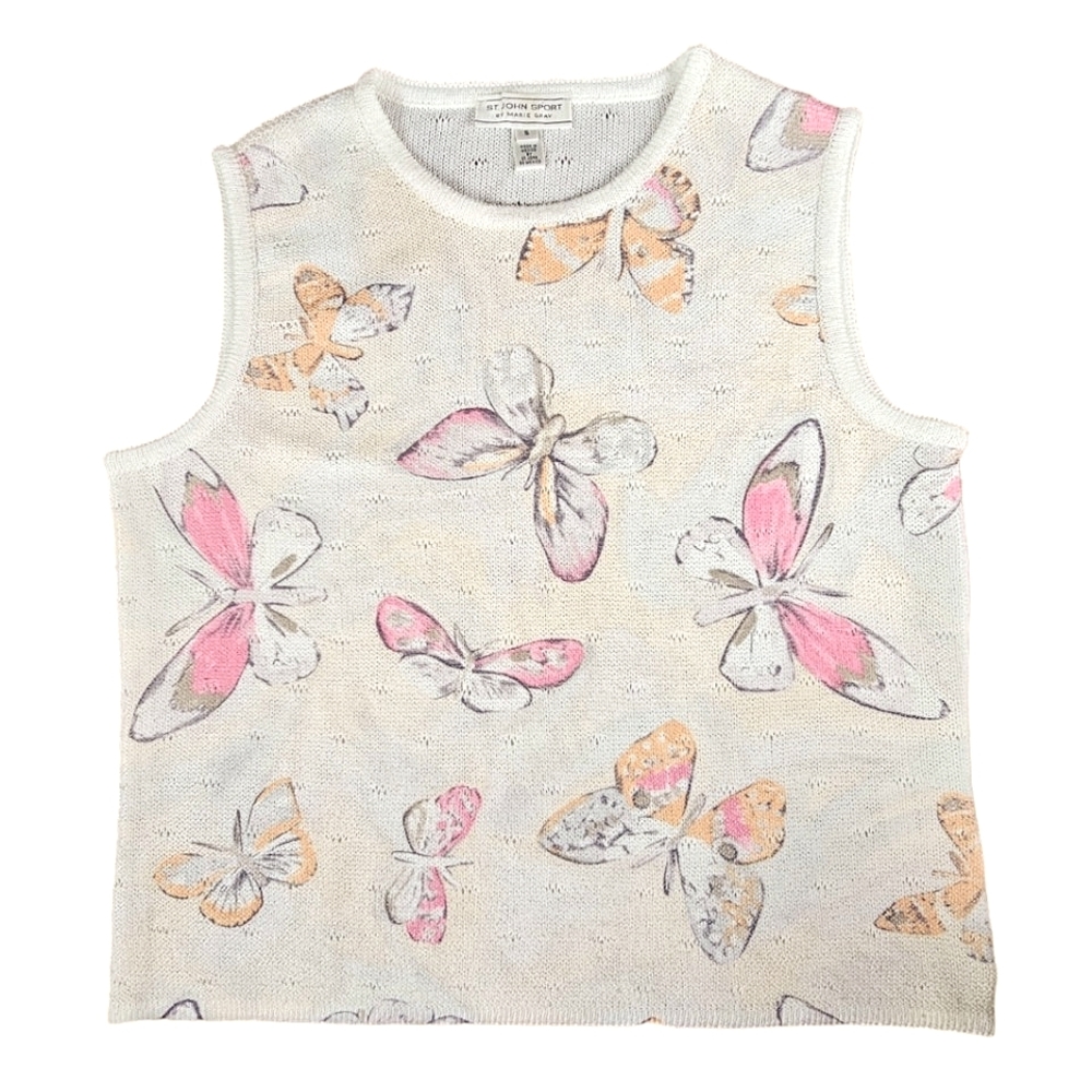 St. John Cream Butterfly Print Knit Tank Top with Pink and Orange Accents